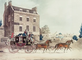 Le Quicksilver Royal Mail passant devant le Star and Garter à Kew Bridge, 1835